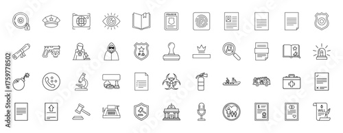 Law and justice line icon set. Vector pictograms of police cap, fingerprint, gavel, bomb, microscope, fire truck, document, microphone, typewriter, thin linear illustration.