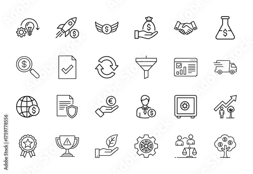 Business and finance line icon set. Vector pictograms of lightbulb, rocket, money bag, handshake, analytics, delivery, safe, growth, money tree, document, globe, thin linear illustration.