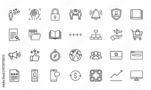 Digital business and marketing line icon set. Vector pictograms of user, fingerprint, padlock, meeting, document, folder, shopping, globe, graph, smartphone, monitor, thin linear illustration.