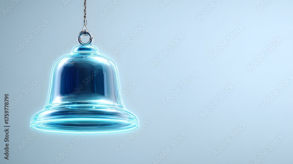 Obraz premium Gleaming blue bell with glowing edges hangs against a light blue background.