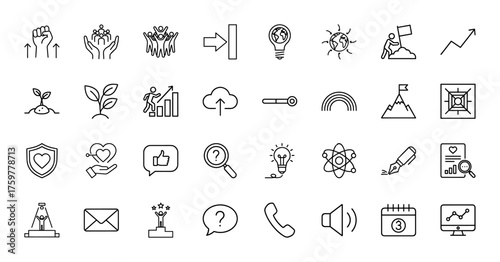 Business and success line icon set. Vector pictograms of teamwork, growth, ideas, goals, security, communication, analytics, and awards, thin linear illustration.