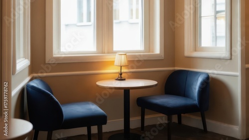 Cozy Seating Area with Two Blue Chairs and a Small Table.