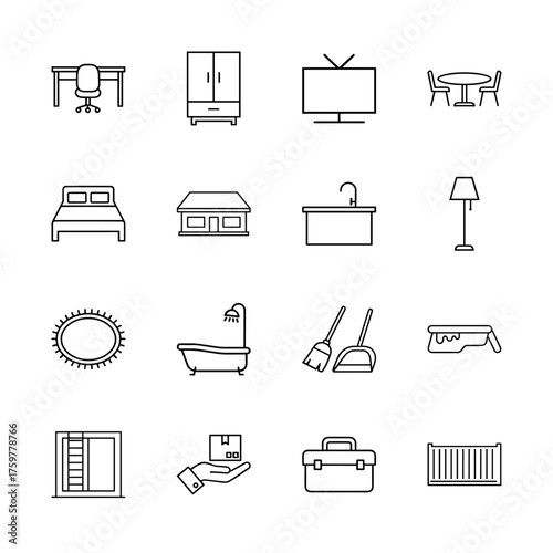 Home and living line icon set. Vector pictograms of a desk, wardrobe, television, bed, house, sink, lamp, rug, bathtub, window, package, toolbox, and crib, thin linear illustration.