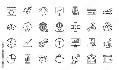Business and finance line icon set. Vector pictograms of calendar, paper plane, presentation, credit card, fingerprint, piggy bank, store, wallet, thin linear illustration.