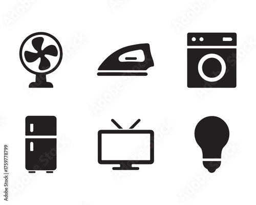 Simple black and white icons representing common household appliances