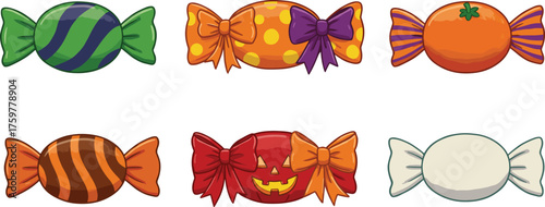 Colorful wrapped candies, festive sweets, Halloween treats, confectionery design, striped chocolate, sugar art, playful dessert icons, cad drawing flat vector illustration