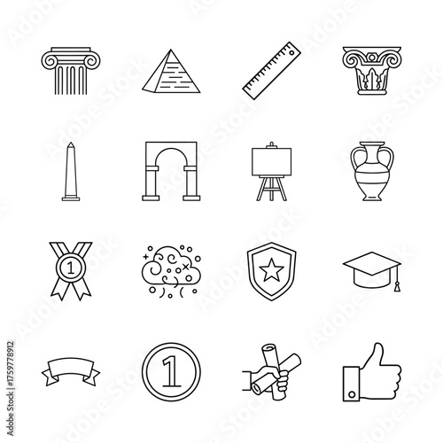 Education and achievement line icon set. Vector pictograms of columns, pyramid, ruler, arch, easel, amphora, medal, brain, shield, cap, diploma, and thumbs up, thin linear illustration.