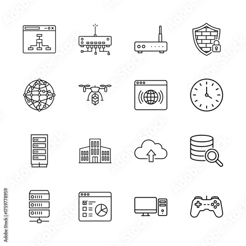 Technology line icon set. Vector pictograms of network, security, internet, drone, cloud, database, server, computer, analytics, and controller, thin linear illustration.