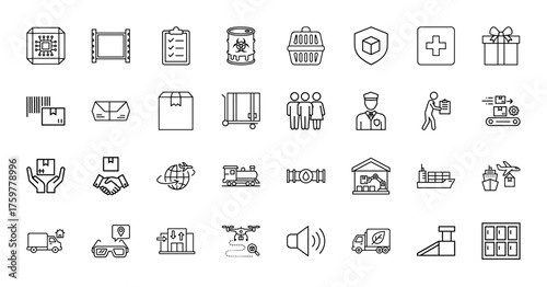 Logistics and delivery line icon set. Vector pictograms of packages, trucks, ships, planes, drones, warehouses, and global transportation, thin linear illustration.