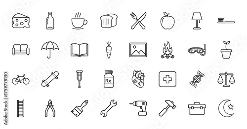 Common everyday objects line icon set. Vector pictograms of cheese, coffee, apple, sofa, book, bicycle, crutch, heart, toolbox, plant, thin linear illustration.