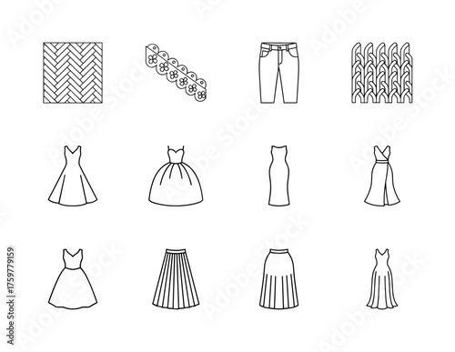 Fashion icon set. Vector pictograms of textile patterns, lace, jeans, a-line dress, ball gown, sheath dress, wrap dress, and pleated skirt, thin linear illustration.