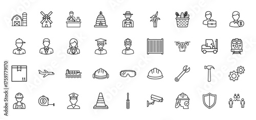 Professions, industry, and logistics line icon set. Vector pictograms of farmer, chef, student, businessman, hardhat, tools, transport, security, and agricultural elements, thin linear illustration.