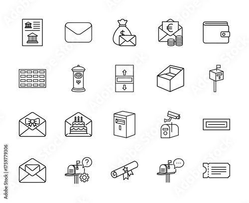 Mail and communication line icon set. Vector pictograms of envelopes, mailboxes, post boxes, documents, wallets, currency, cakes, tickets, and scrolls, thin linear illustration.