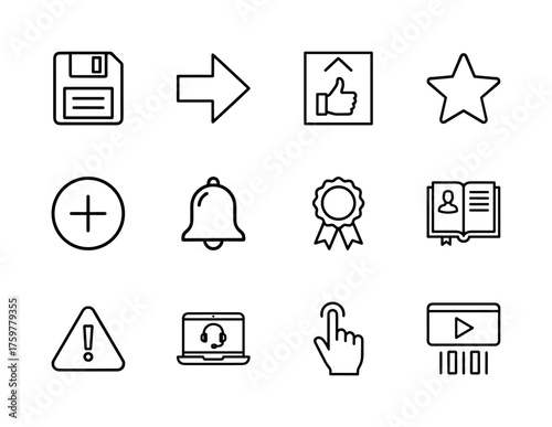 Web and app UI line icon set. Vector pictograms of disk, arrow, like, star, add, bell, badge, book, alert, laptop, hand, and video, thin linear illustration.