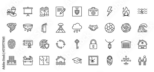 Insurance and risk management line icon set. Vector pictograms of worker, first aid, document, shield, tornado, fire, flood, home, family, education, and recycling, thin linear illustration.