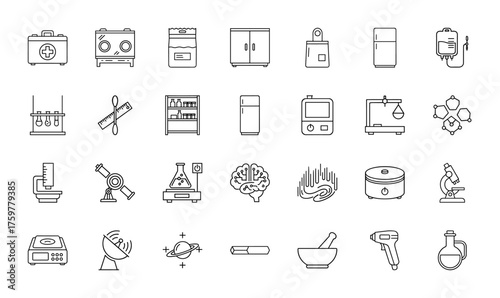 Science and laboratory line icon set. Vector pictograms of first aid kit, incubator, test tubes, microscope, brain, telescope, molecular structure, thin linear illustration.