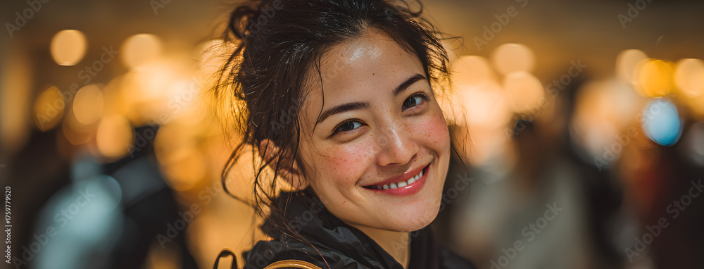 Fototapeta premium Banner Portrait Asian women happiness smiling laugh happy person look at camera. Banner Beautiful happy girl portrait joy cheerful. Confidence females candid shot woman smile face with copy space