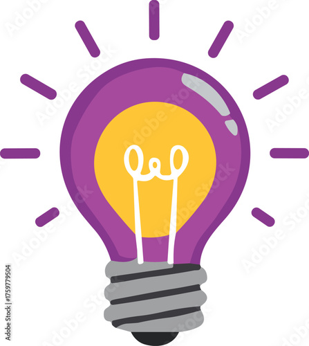 Creative purple light bulb illustration, glowing yellow filament design, innovation concept, bright idea symbol, modern vector art, cad drawing flat vector illustration