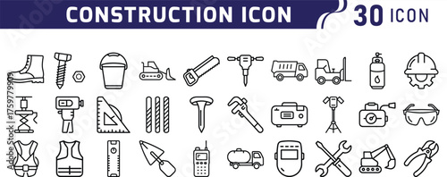 Minimalist construction and building line icons set. featuring helmet, crane, ladder, safety vest, gloves, construction site, excavator, axe, drill, wrench