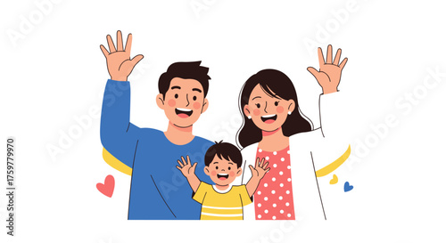 A happy family of three waving and smiling together to show affection and togetherness.