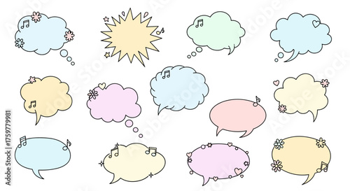 Collection of colorful cartoon speech bubbles with musical notes for creative design.