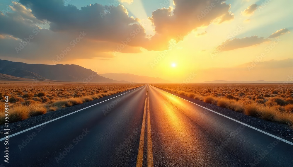Fototapeta premium Endless asphalt ribbon vanishing into a hazy distance, sun-drenched landscape stretching towards the faraway horizon Perfect for travel, adventure, and freedom themes , adventure, highway