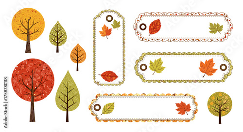 Collection of decorative autumn leaves and trees for seasonal design elements.