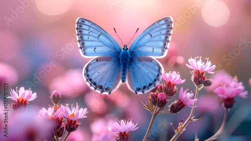 A vibrant blue butterfly gracefully hovers above a field of pink wildflowers, bathed in soft light.