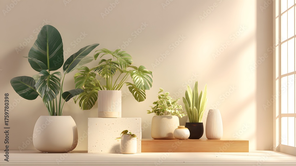 Fototapeta premium Several potted green houseplants are arranged on a windowsill with sunlight streaming in.