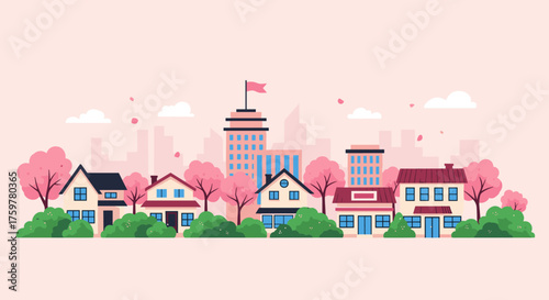Charming suburban neighborhood with houses trees and cityscape background.