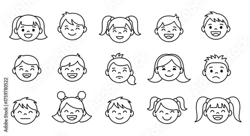 A collection of cartoon faces depicting children expressing a variety of emotions and hairstyles for design purposes.