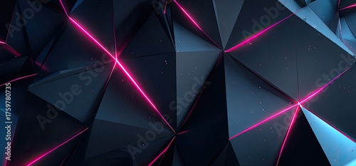 Abstract geometric digital art of 3D triangles in shades of gray with vibrant pink neon lines