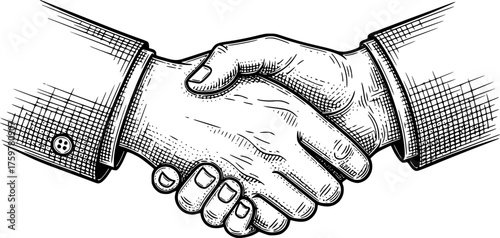 Vintage handshake engraving of two hands clasped in agreement. Vector illustration
