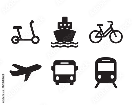 Various modes of transportation presented as simple black and white icons