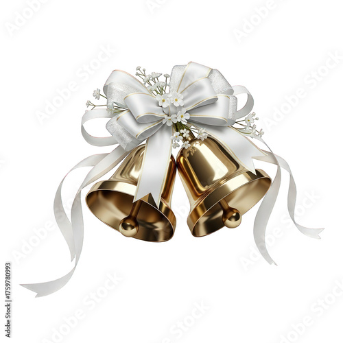 Golden wedding bells with ribbon on transparent background
