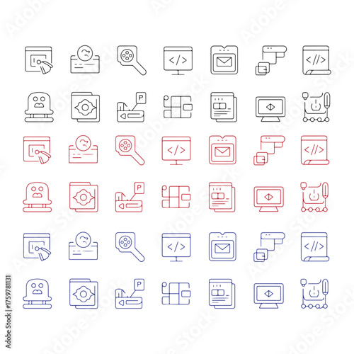 Collection of modern flat icons representing web development and design elements