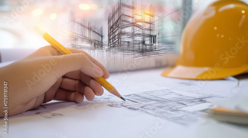 An architect sketching building designs on paper with a construction helmet in the background.