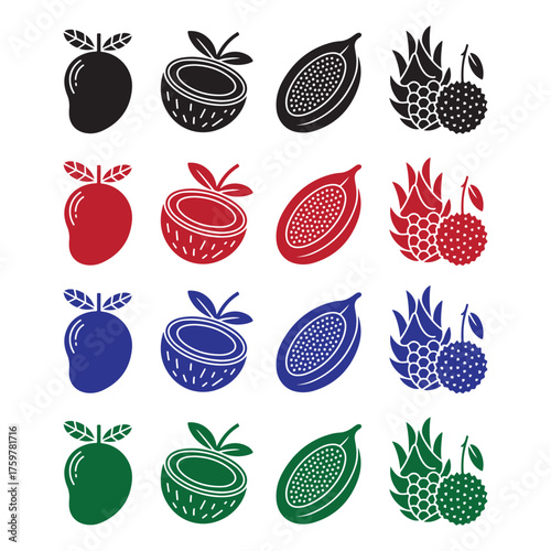 Vibrant collection of tropical fruit icons in solid colors