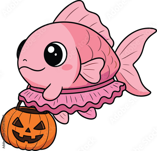 Cute pink fish in tutu holding jack-o’-lantern bucket, whimsical Halloween cartoon character design, festive aquatic artwork, creative vector illustration, cad drawing flat vector illustration