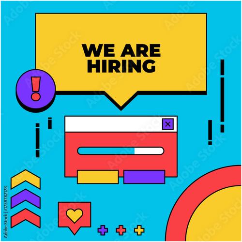 Vector Illustration of Modern Hiring Campaign with Bold Text and Colorful Graphic Elements in Flat Style