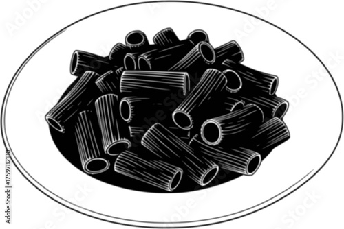 Detailed illustration of rigatoni pasta on a decorative plate in black and white. Vector illustration
