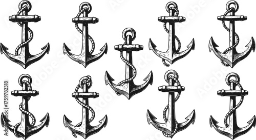Set of Anchors Clip-Art Collection: Vector Illustration of Classic Retro Nautical Anchor in Engraving Technique, Marine, Sailing, Sea.
