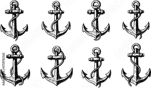 Set of Anchors Clip-Art Collection: Vector Illustration of Classic Retro Nautical Anchor in Engraving Technique, Marine, Sailing, Sea.

