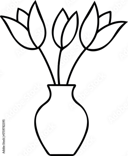 Simple line art illustration of tulips in a vase black and white