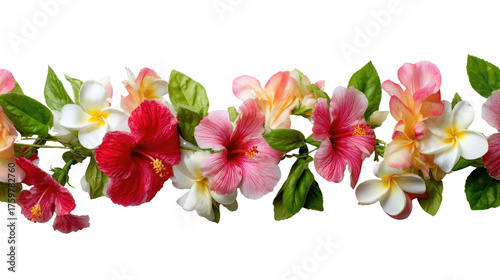Colorful floral lei made of hibiscus and frangipani flowers arranged in circular garland showing tropical celebration and Hawaiian tradition isolated on white background