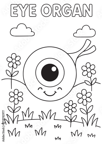 coloring book eye organ cartoon smiling in flower garden
