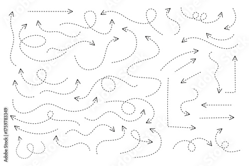 Hand Drawn Dotted Arrow Set Curved, Wavy, Swirl, and Loop Direction Sketch Collection