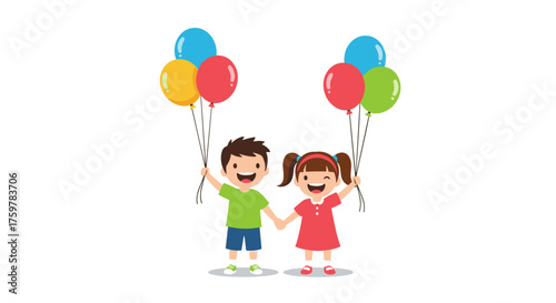 Two happy children holding balloons and hands on a white background.