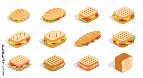 Isometric sandwiches and bread slices on white background.