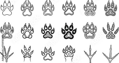 animal paw print icon set, wildlife footprint, pet track, cat dog bird reptile claw mark, nature symbol, vector illustration